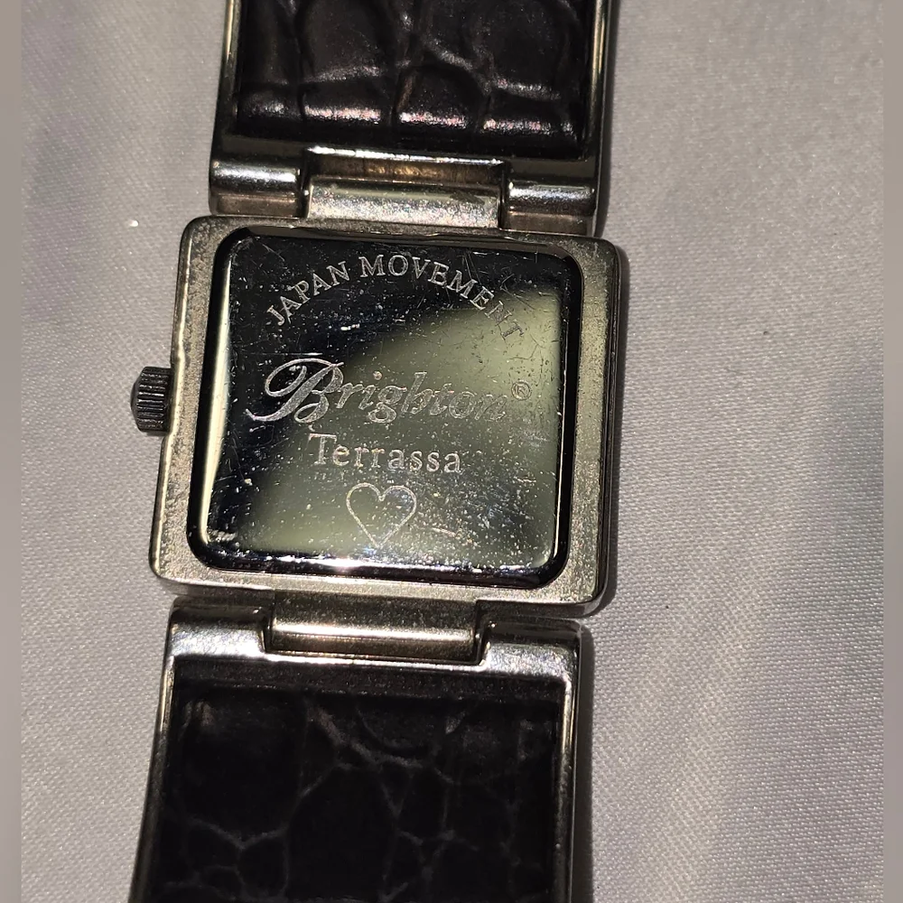 Brighton Silver and Black‎ Terressa Heart Motif Black Italian Leather Band Watch